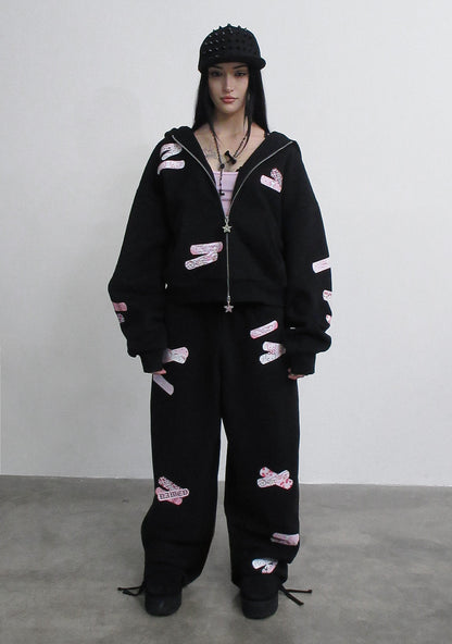 STITCH TEDDY ZIP HOODIE BLACK