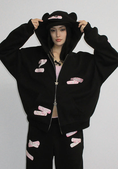 STITCH TEDDY ZIP HOODIE BLACK