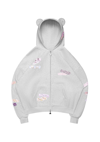 STITCH TEDDY ZIP HOODIE WHITE MARL