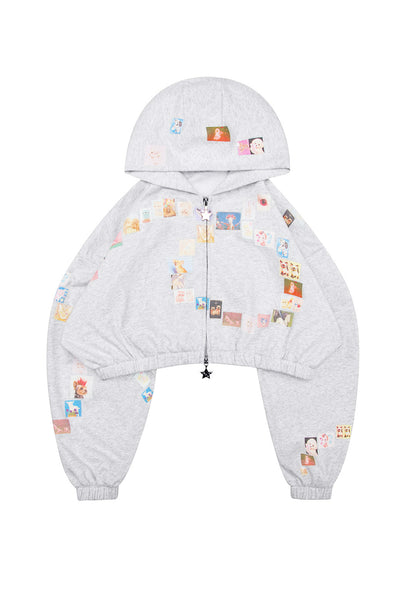 TRINKET MOTIF CROP ZIP HOODIE GREY MARL