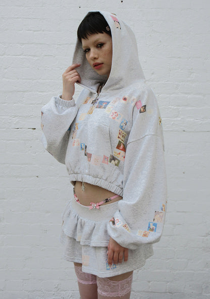 TRINKET MOTIF CROP ZIP HOODIE GREY MARL