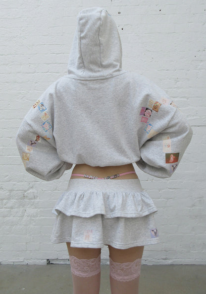 TRINKET MOTIF CROP ZIP HOODIE GREY MARL