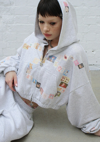 TRINKET MOTIF CROP ZIP HOODIE GREY MARL